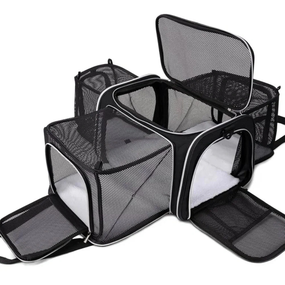 Black Foldable Mesh Cat Carrier Travel Bag with Multiple Openings